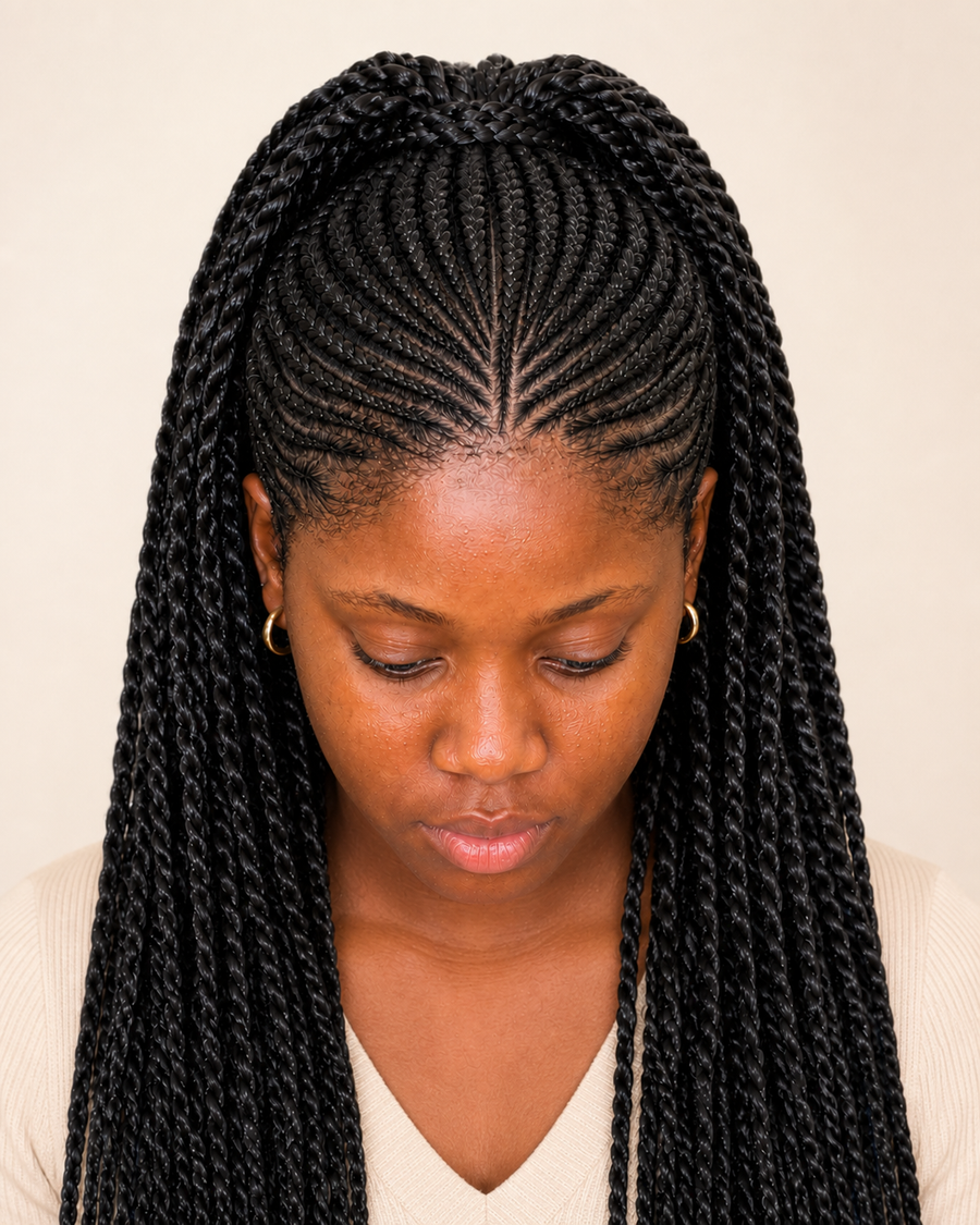 Woman wearing black Nature2Hair banana fibre hair extensions
