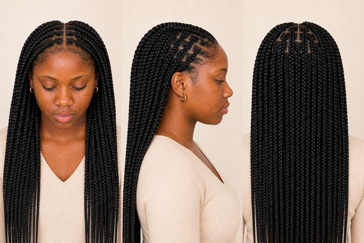 [color:Black] Front, side and back views of black banana fibre braids