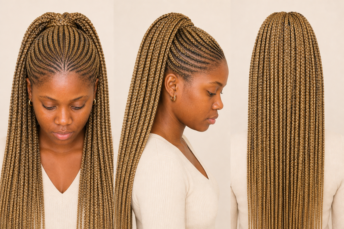 [color:Blonde] Three views of a woman wearing long box braids, showing the front, side, and back of the hairstyle against a plain light background.