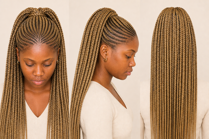 [color:Blonde] Three views of a woman wearing long box braids, showing the front, side, and back of the hairstyle against a plain light background.
